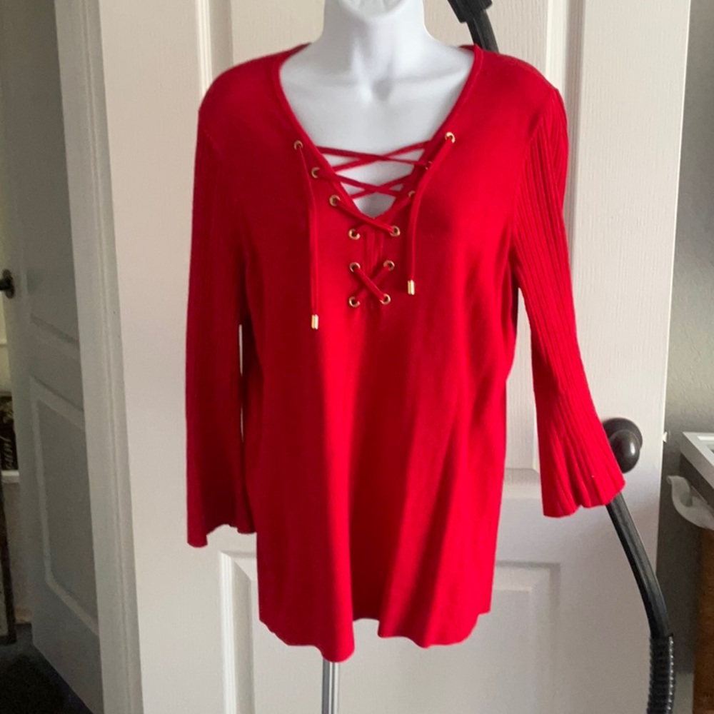 Calvin Klein Red V-Neck Sweater with Gold Accents